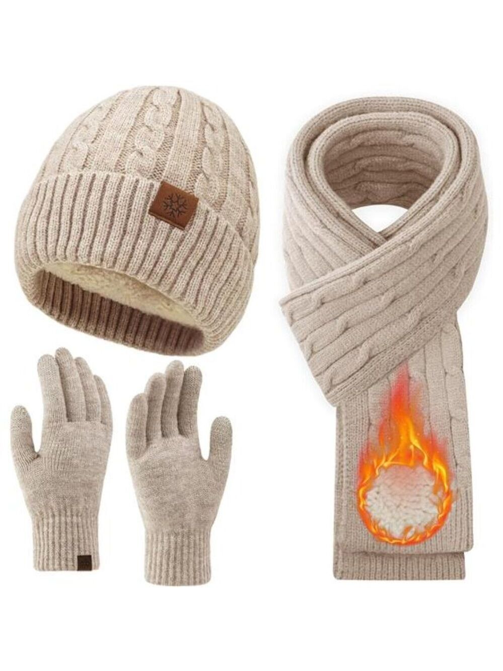 Womens Winter Hat Scarf Gloves Set Knit Fleece Lined Touch Screen Cold Weather
